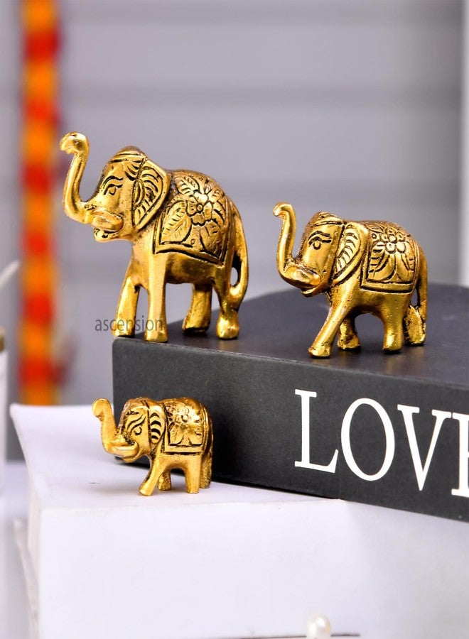 أسينشين مجموعة من 3 تماثيل معدنية لعائلة فيلة بخرطوم مرفوع، تحفة فنية، فنغ شوي فاستو، قطع ديكور محظوظة لتزيين المنزل، غرفة المعيشة، المكتب، سطح المكتب، والهدايا (ذهبي) - Image 1